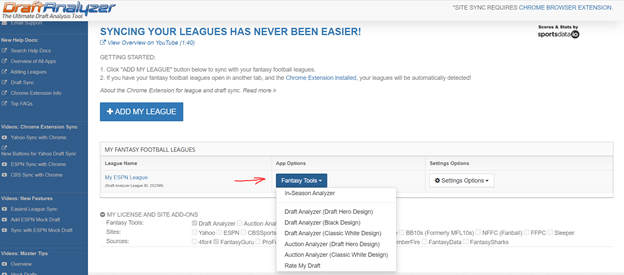draft analyzer syncing page fantasy tools