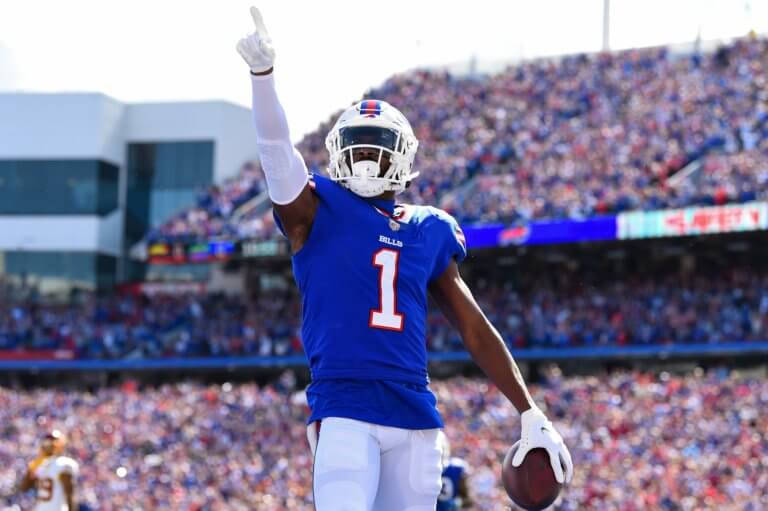 Emmanuel Sanders celebrates after scoring a touchdown for Buffalo.